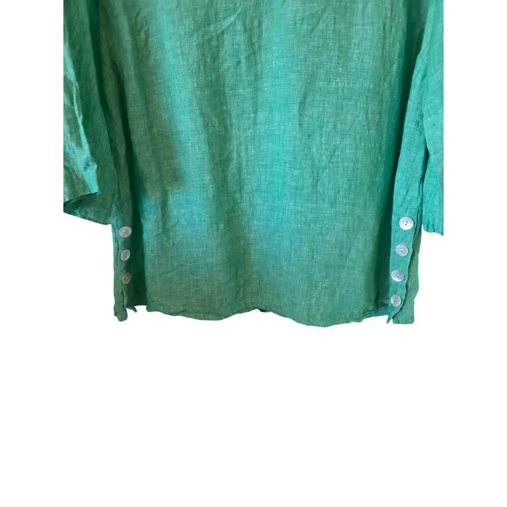 Tahari Womens 3/4 Sleeve Linen Blouse Plus Size 1X Green